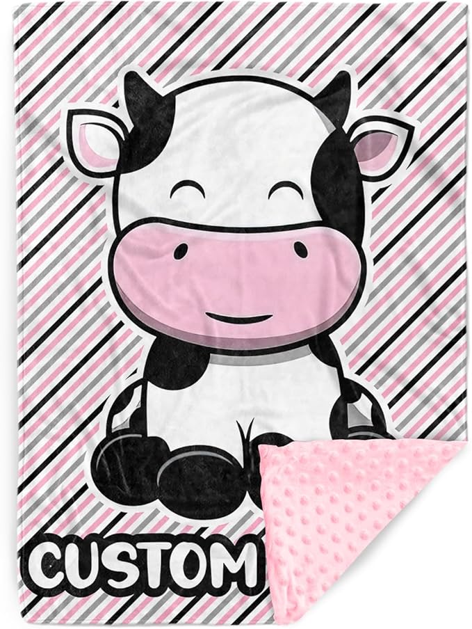 Personalized Baby Blankets for Girls, Custom Name Pink Cow Pattern Baby Blanket, Soft Minky Dot Blanket for Newborns and Toddlers, Ideal for Baby Showers Christmas Brithday Gifts