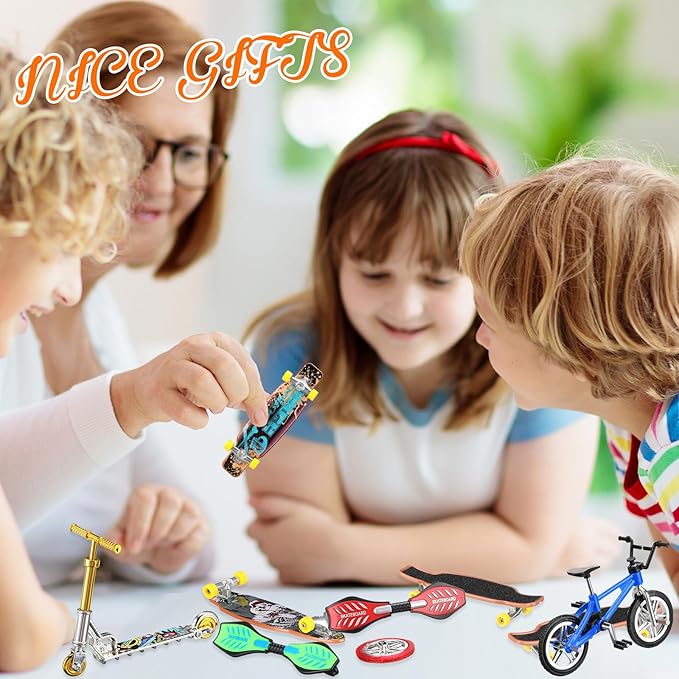 Skylety 31 Pieces Mini Finger Toys Set for Boy Girl Includes 6 Finger Skateboards, 4 Bikes, 2 Mini Scooters 4 Swing Board 8 Matched Wheels 7 Tool Accessories Educational Toy Party Favor(Novel)