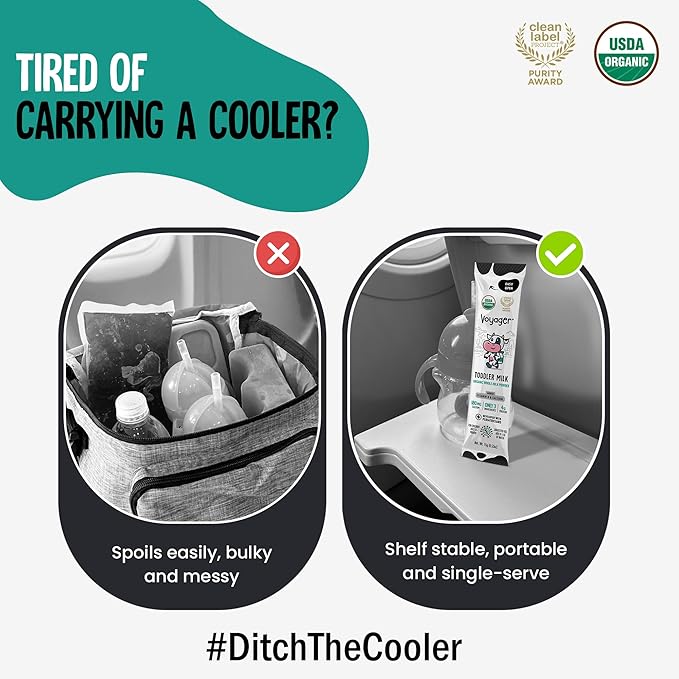 Voyager Toddler Milk On The Go, USDA Organic Shelf Stable Whole Milk Powder, Great for Travel, No Refrigeration, Gluten Free with No GMO's and No Antibiotics for Kids, 48 Sachets of 15g - 3 Pack