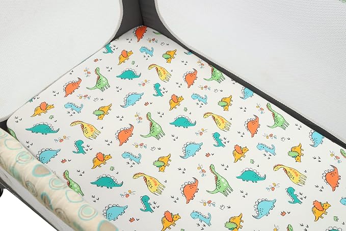 Onacosht Pack n Play Sheets 2 Pack for Baby Boy, Stretchy Jersey Knitted Portable Mini Crib Sheets Playard Mattress Cover, Dinosaur Printing