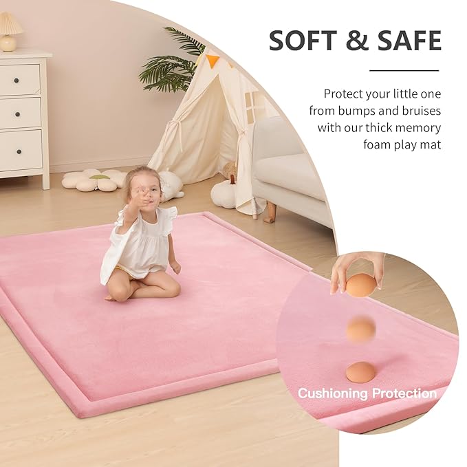 Baby Play Mat for Floor,1.3" Thick Memory Foam Tummy Time Mat,Soft Coral Velvet Nursery Rug,Extra Large Non Slip Crawling Mat for Toddlers,Infants,Kids,Yoga Mat,Tatami Mat for Living Room(Pink)