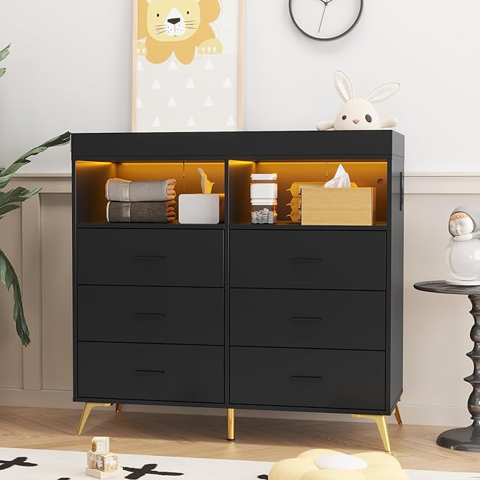 Dresser for Bedroom with LED Lights and Power Outlet, Baby Changing Table Dresser with 6 Drawers, 2 Open Storage Shelves, Baby Diaper Station with Changing Table Top (Black)