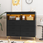 Dresser for Bedroom with LED Lights and Power Outlet, Baby Changing Table Dresser with 6 Drawers, 2 Open Storage Shelves, Baby Diaper Station with Changing Table Top (Black)