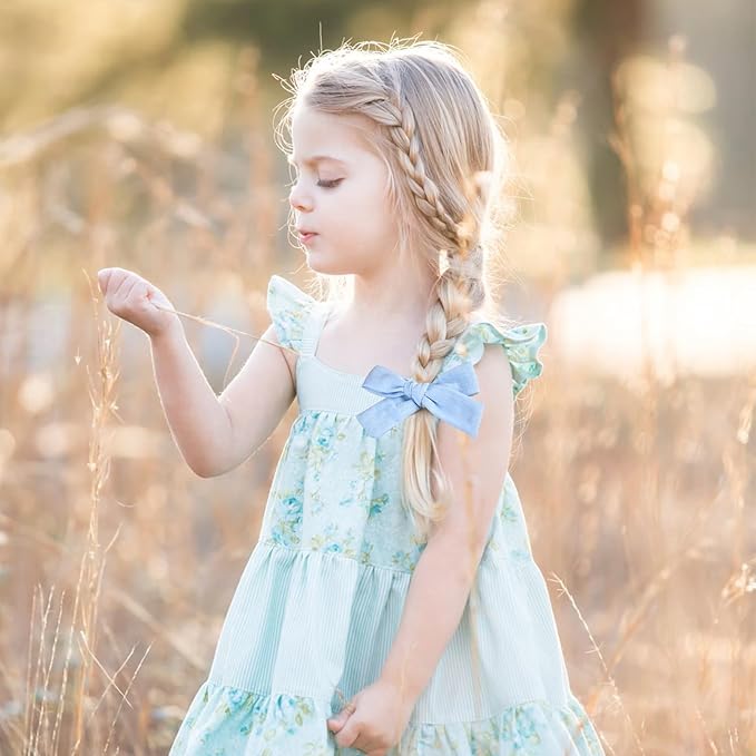 DEEKA 4 PCS Blue Cotton Linen Hair Bows 3 Styles 5" & 4" Handmade Hair Bow set for Toddler Girls Alligator Hair Clips Knot Bows Hair Accessories for Little School Girls (Blue)