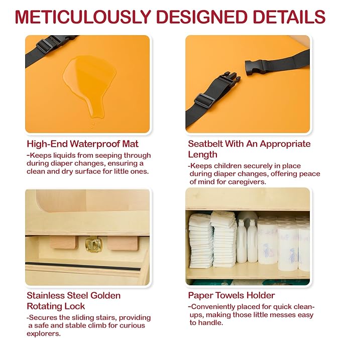 Monläurd® 100% Birch Baby Changing Table with Stairs & Storage, Montessori Toddler Diaper Changing Station, Safe Nursery Furniture for Daycare & Home