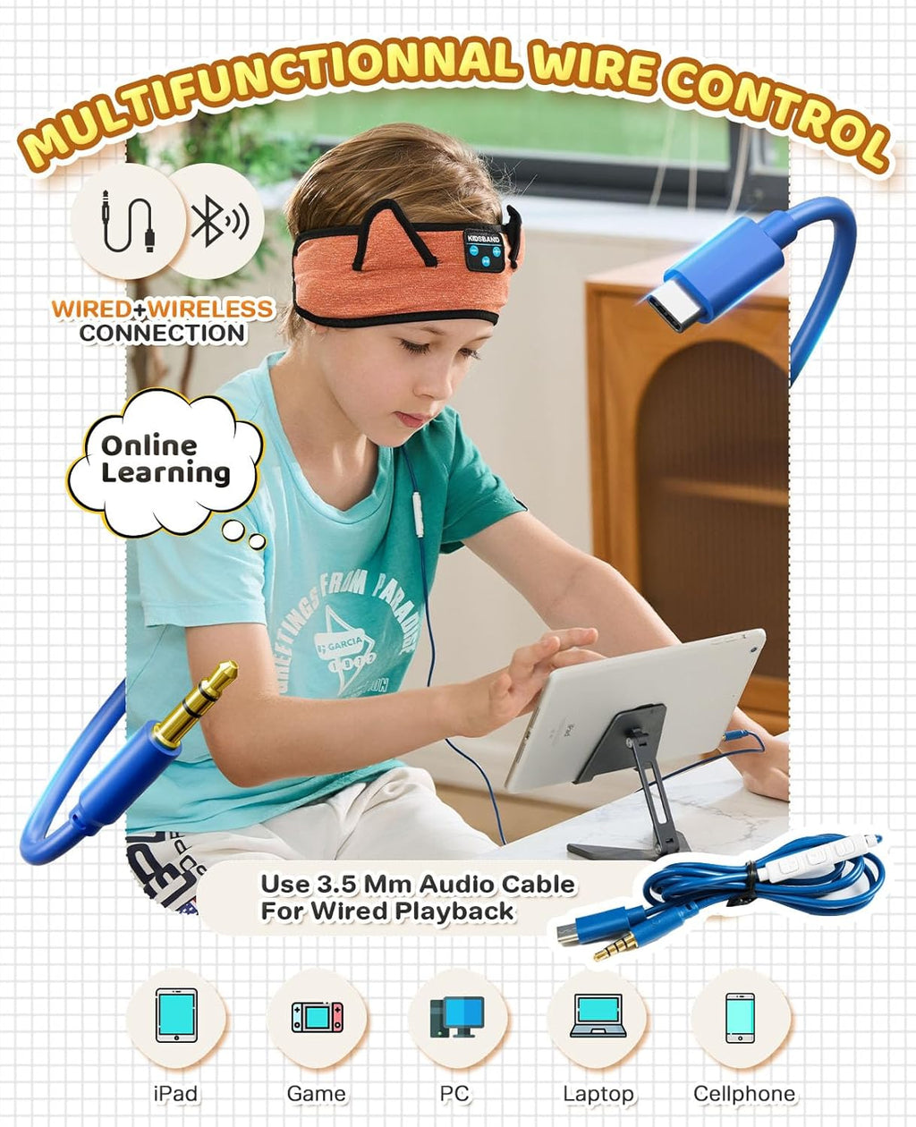 Baby Headphones, Kids Headphones Bluetooth Headband Adjustable, Wireless Headband for Kids with Wired Playback 3.5 MM Jack for Teens/Boys/Girls/Smartphones/School/Airplane Travel/Tablet