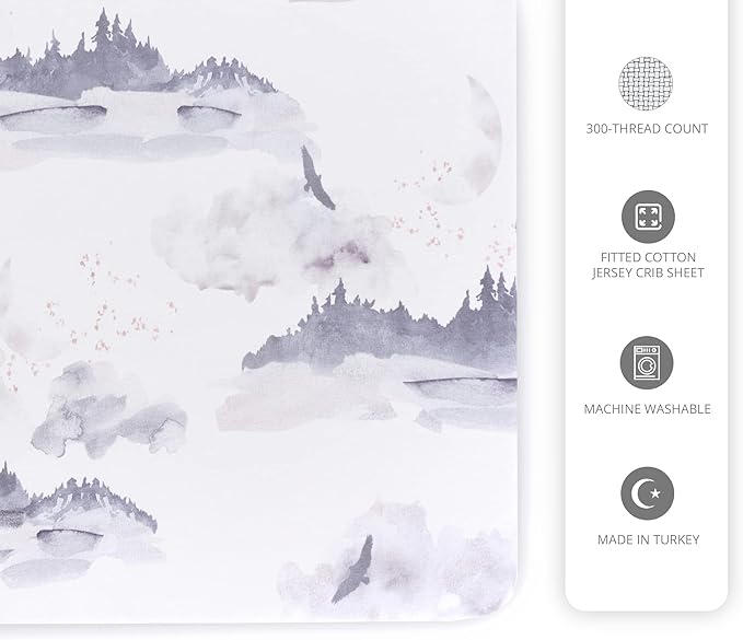 Oilo Crib Sheet, Breathable, Fitted, Turkish Cotton Jersey, 300 Thread Count, Machine Washable, Fits Standard Crib (28" x 52" x 6"), Toddler Bedding, Girl, Boy & Neutral Nursery Design, Misty Mountain