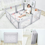 Foldable Baby Playpen, Shape & Size Adjustable Playpen for Toddler, 79x71 Large Play Pens Safety Mesh Foldable Playard for Babies, Portable Baby Fence Play Area Kids Play Pen, Grey
