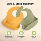 KeaBabies 2-Pack Silicone Baby Bibs for Eating - Sturdy Food-Grade Silicone Bibs for Babies Girl, Boy, Large Food Catcher, Clean & Put On Easily, Waterproof Toddler Feeding Essentials (Forest)