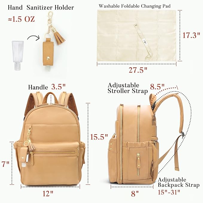 miss fong Leather Diaper Bag Backpack Baby Diaper Bag with 16 Pockets Baby Bag with Hand Sanitizer Holder, Changing Pad, 2 Insulated Pockets(Peanut)