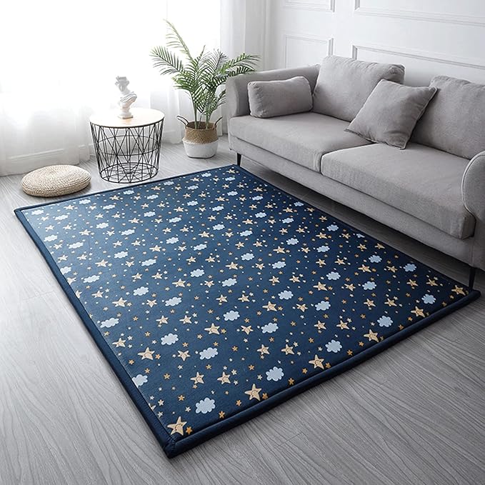 Loartee Coral Velvet Area Rug - 1" Thick Memory Foam Baby Play Mat, Washable Toddler Carpet, Home Decor for Living Room, Nursery, Kids Bedroom, Starry Blue, 6'7"x7'10"