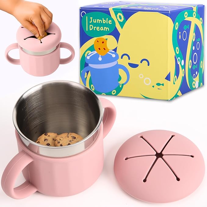 Jumble Dream Stainless Steel Baby Snack Cup for Toddlers Kids – Spill-Proof Silicone Snack Container – BPA-Free Non-Toxic Dishwasher Safe Food-Grade Stainless Steel for Baby Snacks 6m+ to 3+ Years