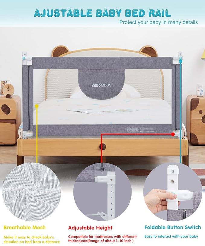 MBQMBSS 52'' Bed Rail for Toddlers, Baby Bed Guard Rails - Fit for Wide Side of Full Size Bed, Extra Tall Safety Bedrails for Kids, Adjustable Height, with Extra Y-Shaped Reinforcement Strap