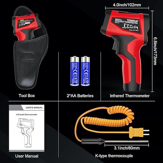 Infrared Thermometer Temperature Gun, TEMIRUP Digital Laser Temperature Gun with Probe for Cooking, Pizza Ovens, Griddles, Meat, HVAC, Non-Contact IR Temp Gun with Adjustable Emissivity, -40°F~1472℉