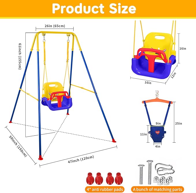 4 in 1 Toddler Swing Set & Baby Jumper, Heavy Duty Kids Swing with Bouncer, Foldable Metal Stand for Indoor & Outdoor, Easy Install & Store (Blue)