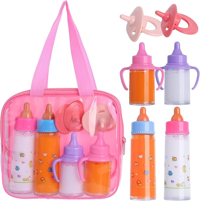 Baby Doll Bottles Accessories Set for Toddlers, 2 Milk and 2 Juice Bottles and 2 Toy Pacifier (Pink)
