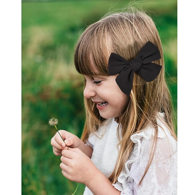 DEEKA 4 PCS Black Cotton Linen Hair Bows 3 Styles 5" & 4" Handmade Hair Bow set for Toddler Girls Alligator Hair Clips Knot Bows Hair Accessories for Little School Girls (Black)