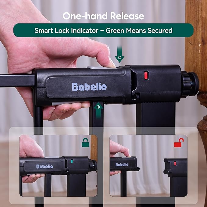 BABELIO Baby Gate for Doorways and Stairs, 26-31" Pet Gate with Wide Walk Thru Door and Lock Indicator, No Drill Pressure Mounted Safety Gate with Double Lock and Self-Closing, Black