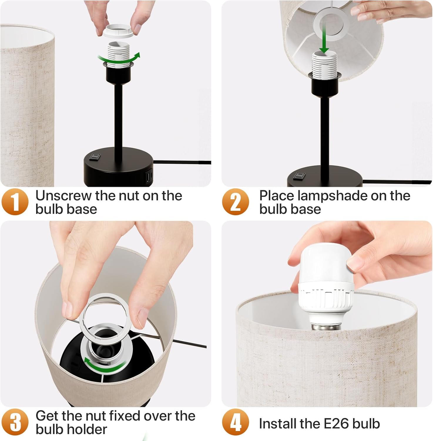 KPQ Small Bedside Lamp Touch Control Table Lamp with USB A+C Charging Ports & AC Outlet 3-Way Dimmable Nightstand Lamp with Linen Fabric Shade for Bedroom Living Room