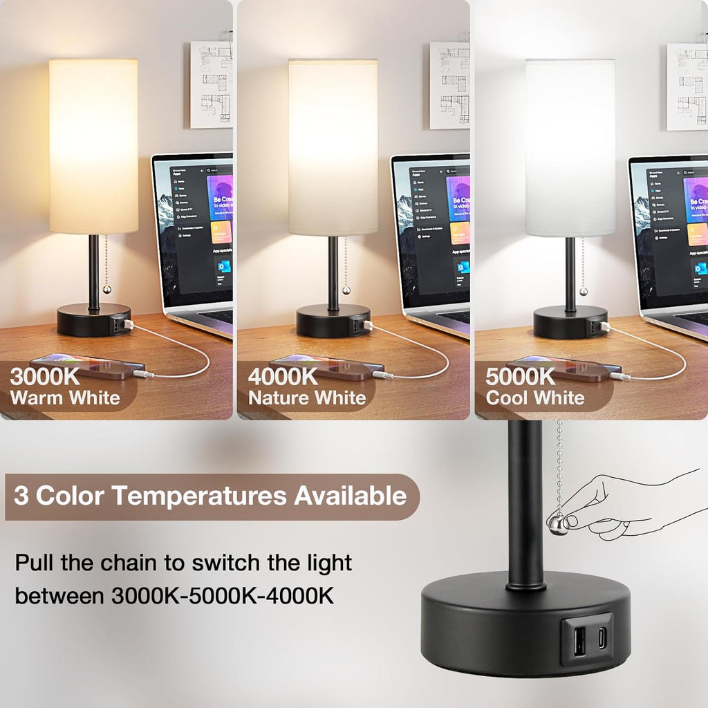 White Bedside Lamps for Bedroom Set of 2 - Nightstand Table Lamp with USB A + C Charging Port, 3 Color Temperatures Pull Chain Night Stand Light, Side Table Desk Reading Lamp for Living Room/Dorm