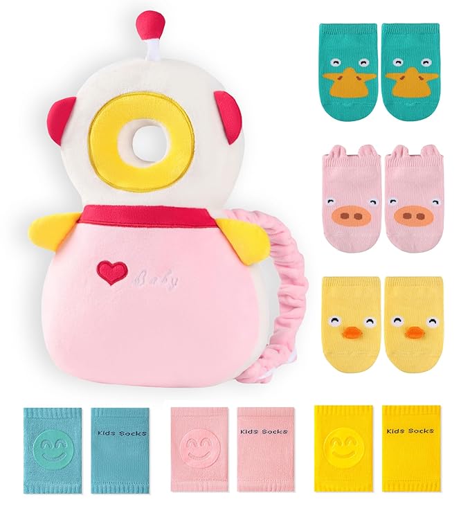 JunNeng Toddler Baby Head Protector Backpack for Toddler Walker with Knee Pads&Anti-Slip Socks, Robot Pink