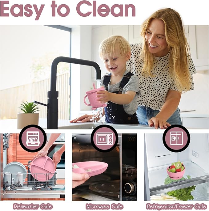 Baby Led Weaning Supplies, 17 Piece BPA-Free Silicone Feeding Set, Eating Essentials Baby Utensils with Suction Plate and Bowl, Pocket Bib, Sippy Cup with Lid, for 6+ Months, Pink