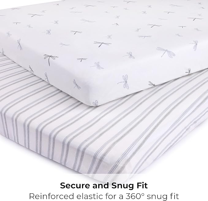 Ely's & Co. Pack and Play Sheets, for Mini/Portable Crib, 2 Pack Fitted Playpen Play Yard Sheet Set Compatible with Graco Pack n Play, for Baby Boys, 100% Cotton, 38”x24”x5” Blue Dragonfly + Stripes