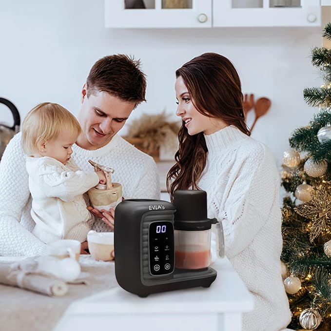 EVLA'S Double Baby Food Maker with 2 Steaming Baskets, Steamer, Blender, Grinder, Food Processor, Cook & Blends Healthy Baby Food in Minutes, Touch Screen, with 6 food pouches, Dark Grey