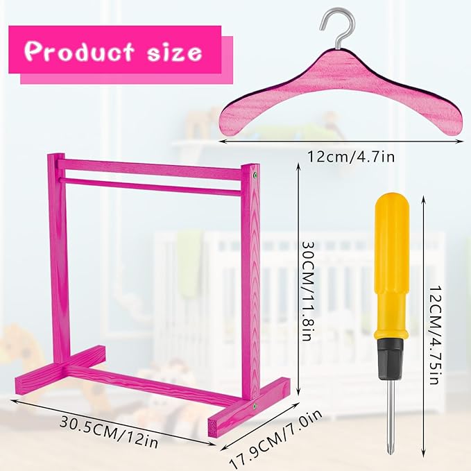 Civaner 11 Pcs Doll Garment Rack with Wooden Clothes Hanger for 18 Inch Girl Doll Clothes Mini Hangers Wardrobe Furniture Accessories for Dollhouse Baby Shower Supplies (Rose Pink)