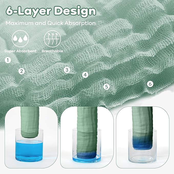 Yoofoss Muslin Baby Washcloths 100% Organic Cotton Face Towels 6 Pack Wash Cloths for Baby 12x12in Soft and Absorbent Baby Wipes (Dark Green)