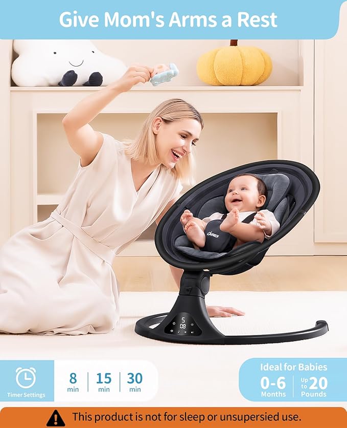 LAREX Baby Swing to Toddler Electric Infant Swing Portable for Newborn Boy Girl, 5 Sway Speeds with Remote Control, 12 Preset Melodies and Bluetooth, 0-6 Months Max 20 Lbs (2024 Model-Black)