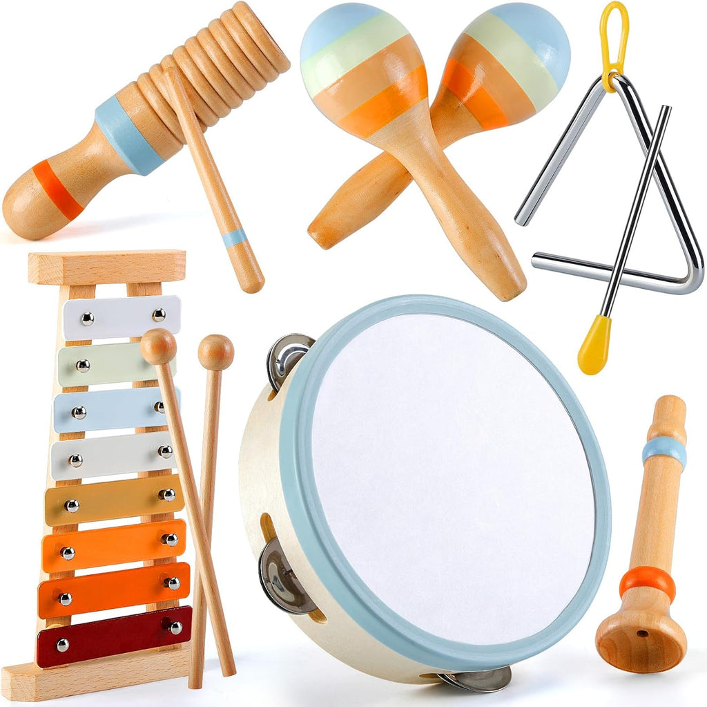 Baby Musical Instruments - Montessori Musical Toys for Toddlers 1-3, Wooden Percussion Instruments Set, Neutral Colors Modern Boho Music Toys for 1 Year Old, Kids Preschool Educational Birthday Gifts