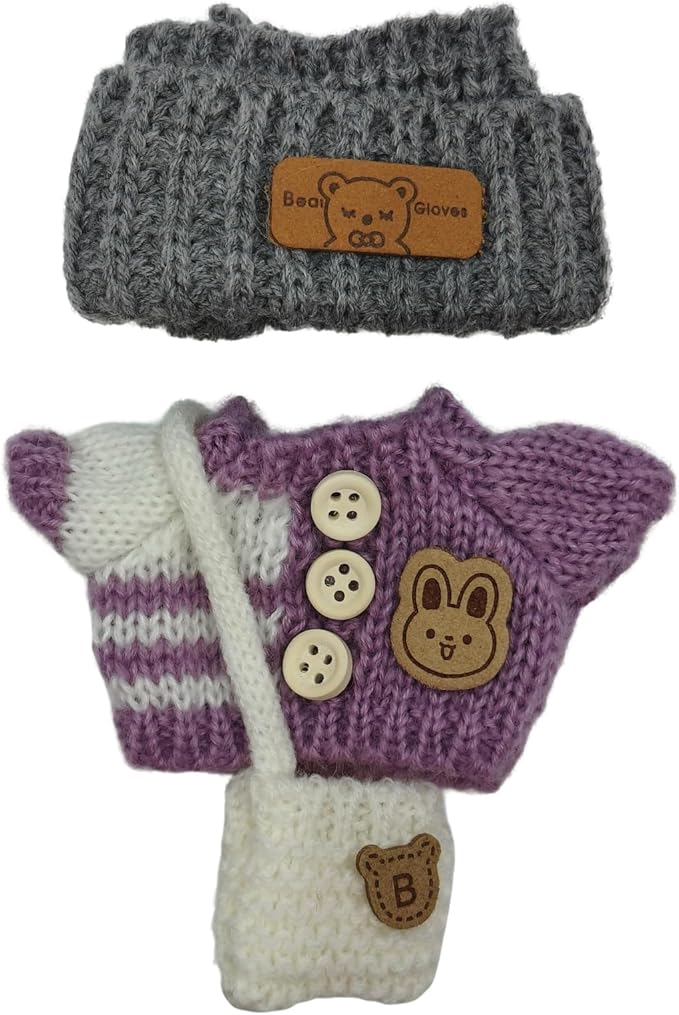 Handmade Crochet Doll Clothes ,Compatible with 5.91-6.7inch (15-17cm) Dolls as Accessories , Adorably Stylish Set for Dolls, Cute Doll Outfit with Accessories( Purple Sweater + Grey Hat +White Bag)
