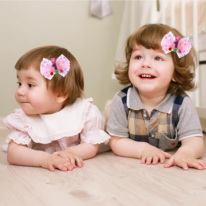 Birthday Hair Bow for Baby Girls 1 2 3 4 5 6 Year Old Sprinkle Hair Clips Happy Birthday Decorations for Girls Toddlers With Pom-Poms Ice Cream Candy Party Pink Hair Accessories for 1st Sweet Party