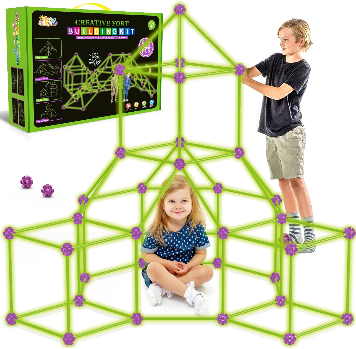 Glow In The Dark Fort Building Kit for Kids,STEM Construction Toys, Educational Gift for 3 4 5 6 7 8 9 10 11 12 Years Old Boys and Girls,Ultimate Creative Set for Indoor & Outdoors Activity,200 Pcs