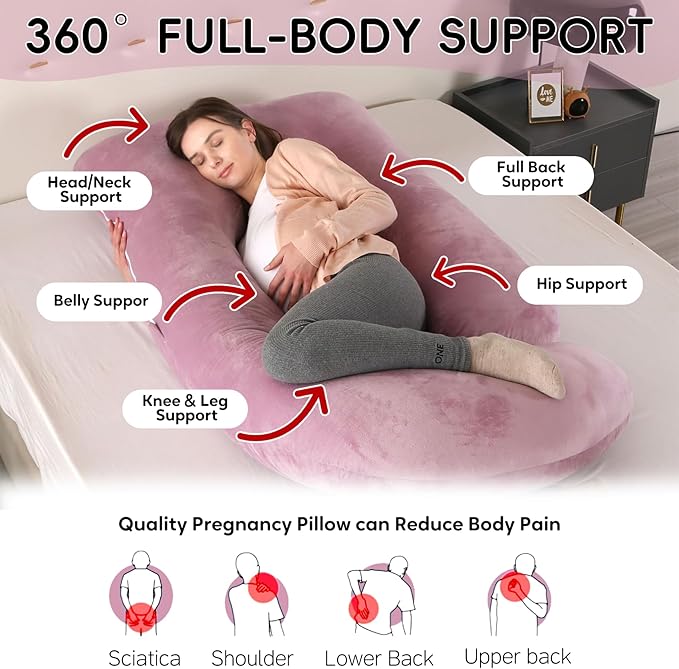 U-Shaped Pregnancy Pillow for Sleeping, Full Body Support for Back, HIPS & Belly -65 Inch Maternity Pillow with Machine Washable Cover | Maternity Essential (Velvet Pink-65inch)
