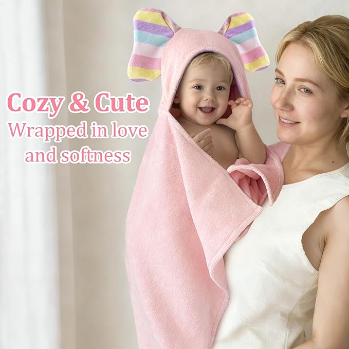 VOOVA & MOVAS Thick Baby Hooded Bath Towel - 100% Cotton,500GSM, 33x31.5 Inches,0-2Years,Super Absorbent Large Towel with Cute Elephant Ears Hood for Newborn, Baby, Infant, Pink