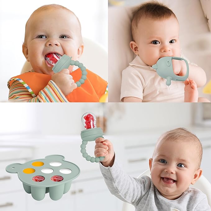 Baby Fruit Feeder & Breastmilk Popsicle Mold Set – 3 Pack Silicone Teething Relief Kit with Food Feeder Pacifier, Freezer Tray with Lid & Baby Teether Toy (Pea Green)