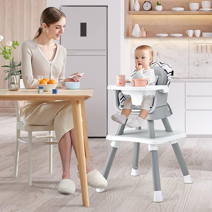 KOTEK Baby High Chair, 8 in 1 Convertible Highchairs for Babies and Toddlers, Building Block Table, Booster Seat, Toddler Chair with Removable Tray, Safety Harness, Dual Cushions (Chevron)
