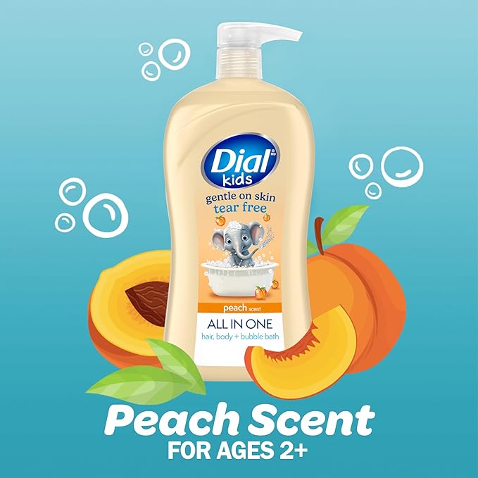 Dial Kids All-in-1 Body + Hair + Bubble Bath, Peach Scent, 32 Fl Oz, Hypoallergenic Body Wash & Shampoo, No Tears Formula for Kids 2+ Years, No Parabens & Silicones