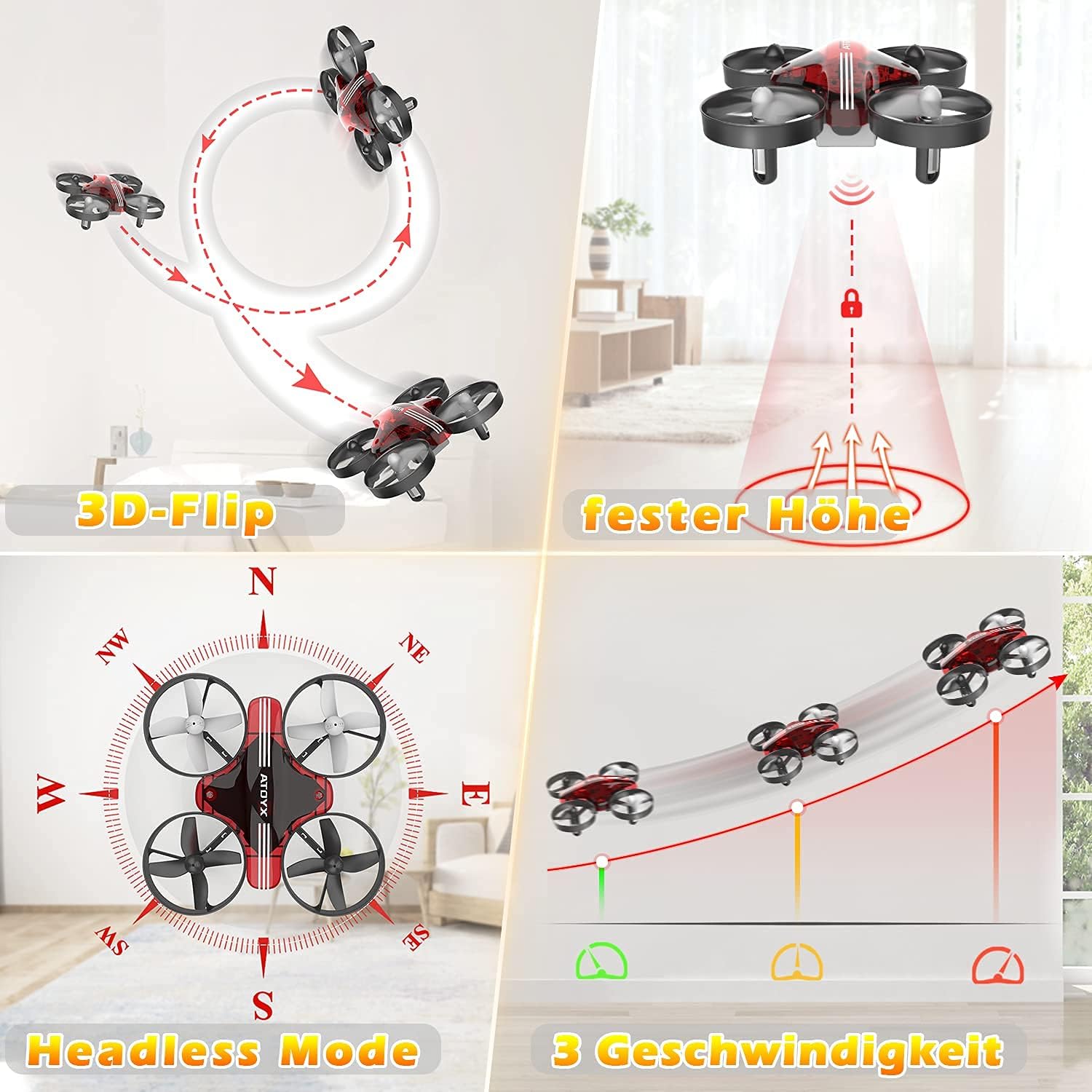 Mini Drone for Kids & Beginners, Indoor Portable Hand Operated/RC Nano Helicopter Quadcopter with Auto Hovering, Headless Mode & Remote Control, Children's Day Gift for Boys and Girls -Red.4-blade design delivers greater stability and increased thrust.