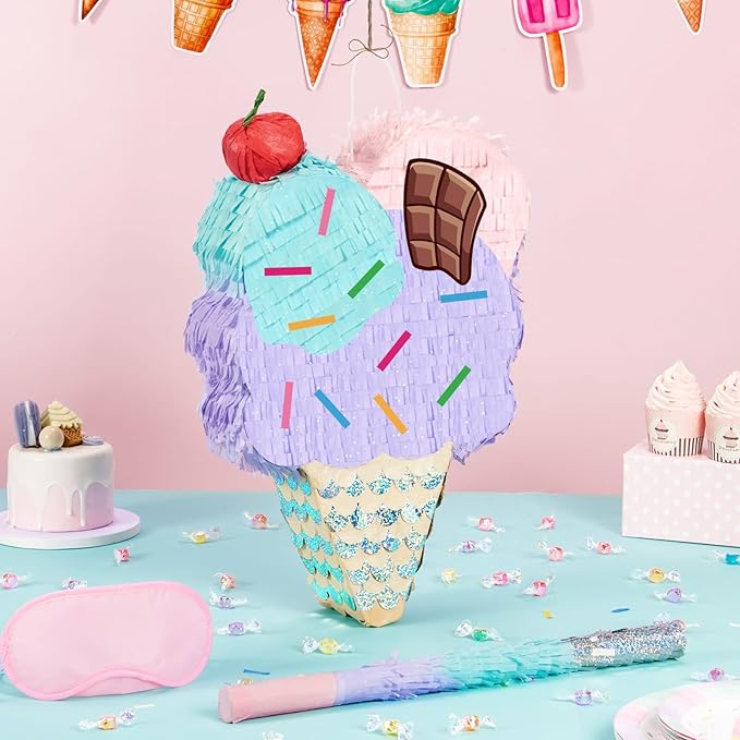 WERNNSAI Ice Cream Piñata - Summer Ice Cream Party Decorations for Kids Girls Birthday Pink Pinata Game Candyland Sweet Theme Party favors supplies with Bat Blindfold