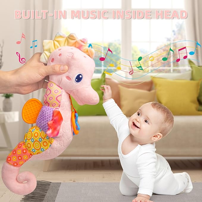 Baby Toys 0-6 Months,Infant Musical Seahorse Stuffed Animals Sensory Toys with Bright Colors,Multiple Textures,Rattles & Crinkle Sound Paper,Soft Tummy Time Toy for Newborn Boys Girls 0-12 Months-Pink