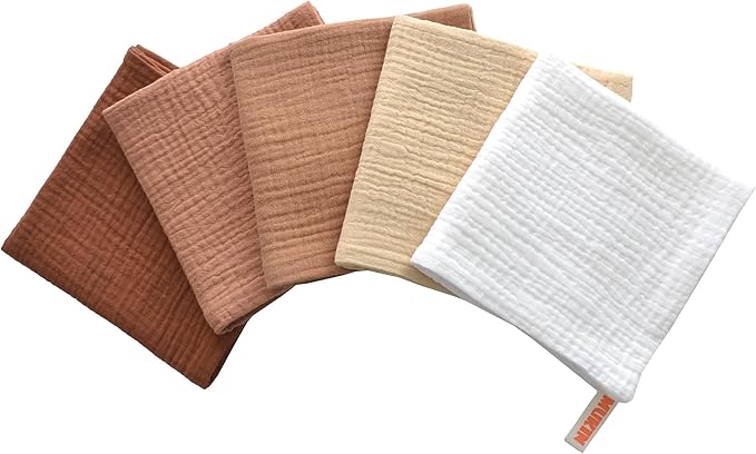 MUKIN Baby Washcloths,Muslin Burp Cloths Towels for Newborns,Absorbent Cotton Bath Face Towel ，5 Pack, 12x12 Inches (Amber Glow)