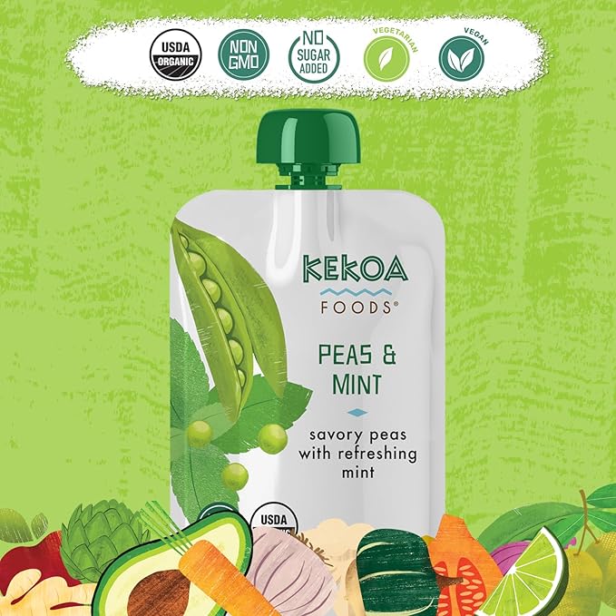 Kekoa Foods Peas & Mint Baby Food Purée | 100% USDA Certified-Organic Vegetarian Squeeze Pouch | Organic, Non-GMO, Gluten-Free, Vegan | Fiber & Protein Boosting First Food for Babies | 3.5 oz