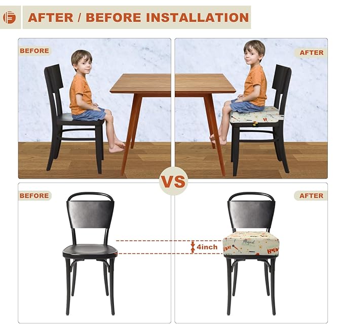 Toddler Booster Seat for Dining Table, Portable Booster Seat for Kitchen Chair, 4 Inch High-Density Foam Cushion with Adjustable Safety Straps and Non-Slip Bottom, Perfect for Kids Travel and Daily