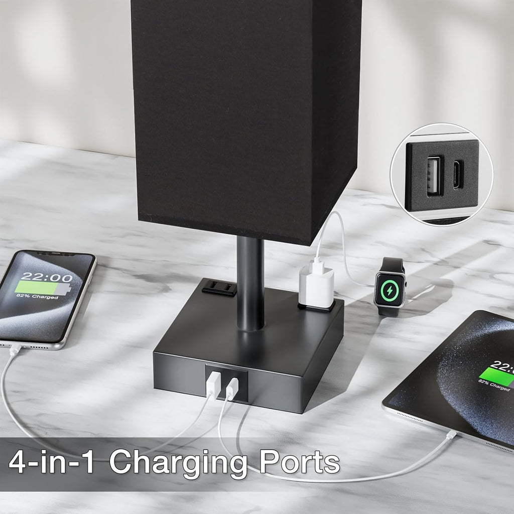 Touch Bedside Table Lamp for Nightstand - 3-Way Dimmable Night Lamp with USB A + Type C Charging Ports and Two AC Outlets, Small Desk Light with E26 LED Bulb for Bedroom Living Room Dorm Office,Black