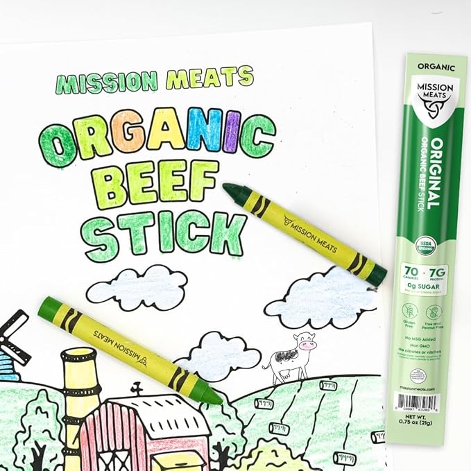 Mission Meats 100% Certified Organic Beef Sticks – Pasture-Raised, Zero Sugar, Non-GMO, Healthy Individually Wrapped Meat Sticks Snack, 0.75oz (24 Count)