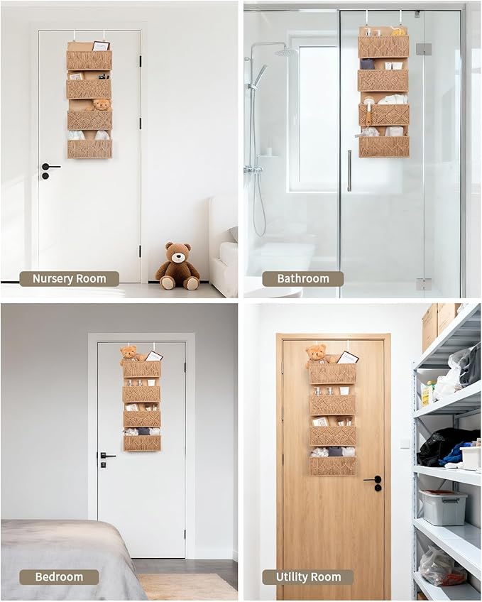 ANTIS'S HOME Nursery Over The Door Organizer Boho Decor Nursery Storage with 4 Large Woven Pockets, Macrame Nursery Organizers and Toys Storage, Behind Door for Bathroom, Bedroom, Brown