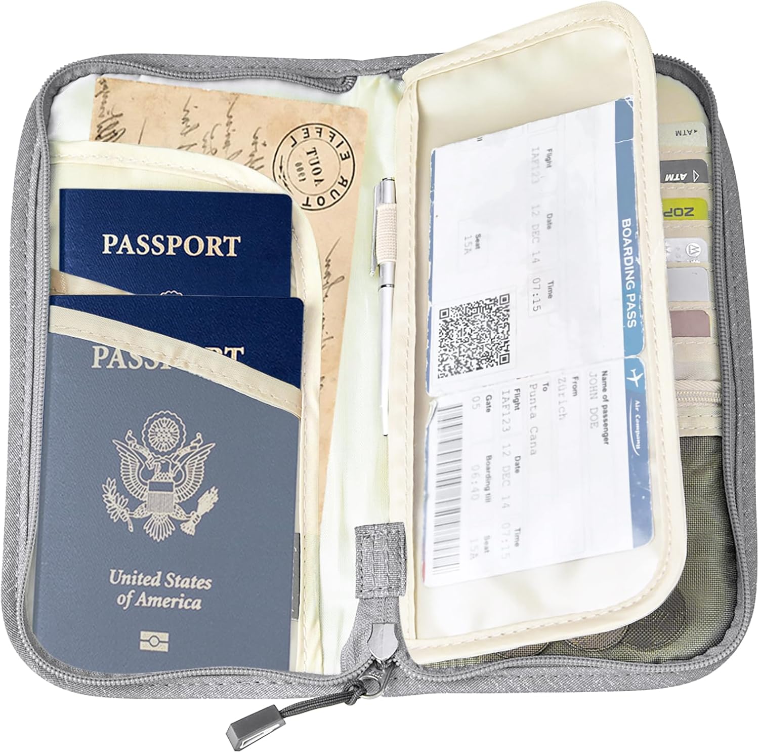 ZOPPEN Passport Holder Family RFID Passport Wallet, Passport Holder Women/Men, Travel Wallet Documents Organizer Zipper Case with Removable Wristlet Strap, Travel Essentials for Flying